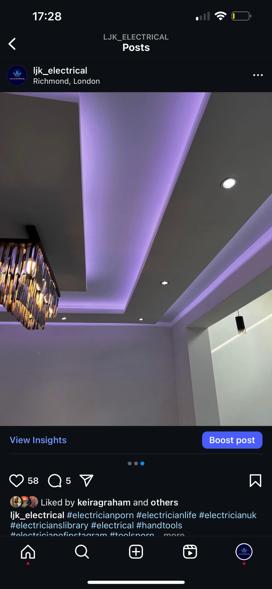 Purple LED strip lighting with downlights in modern ceiling