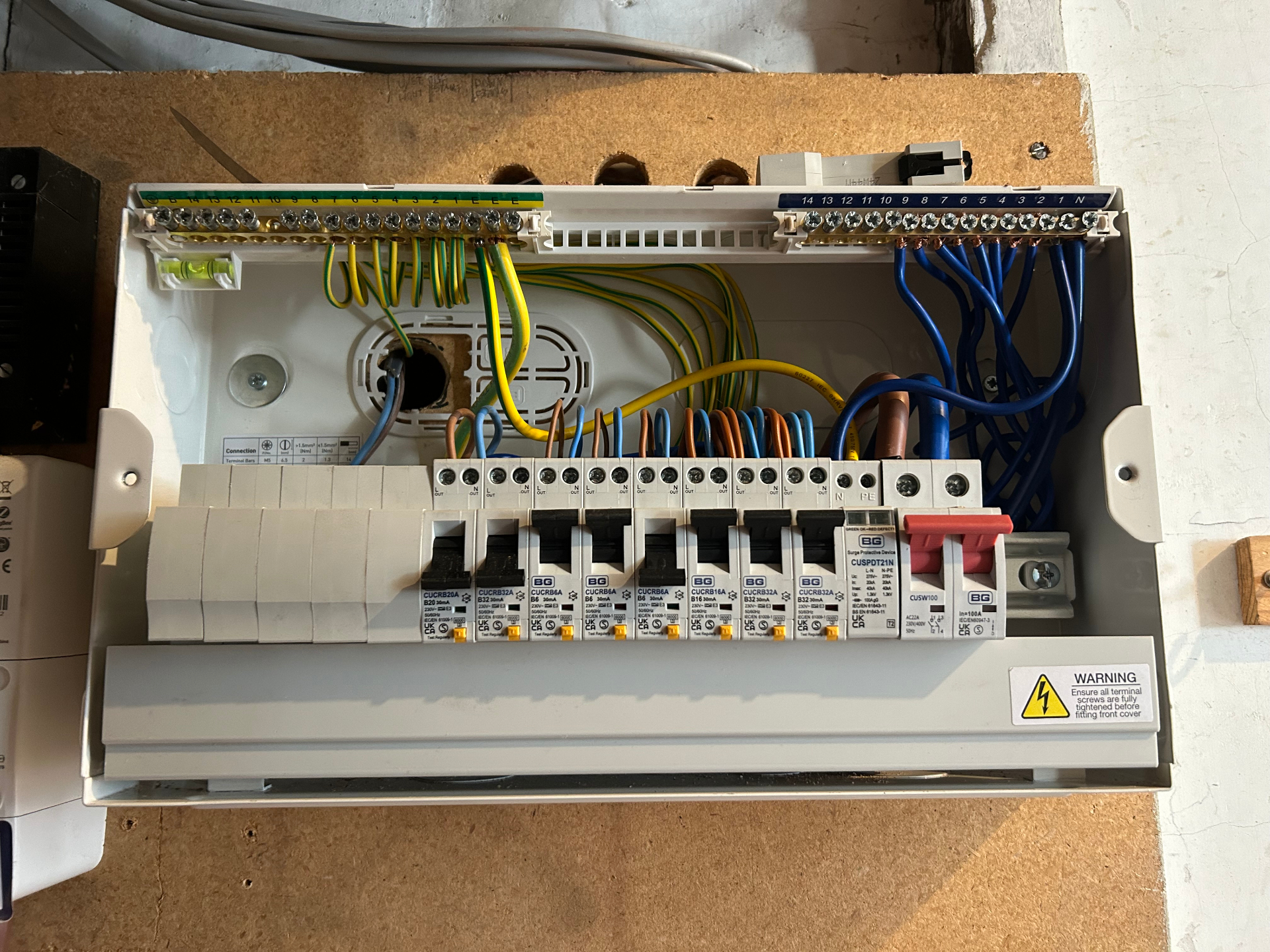BG RCBO consumer unit with neat cable terminations