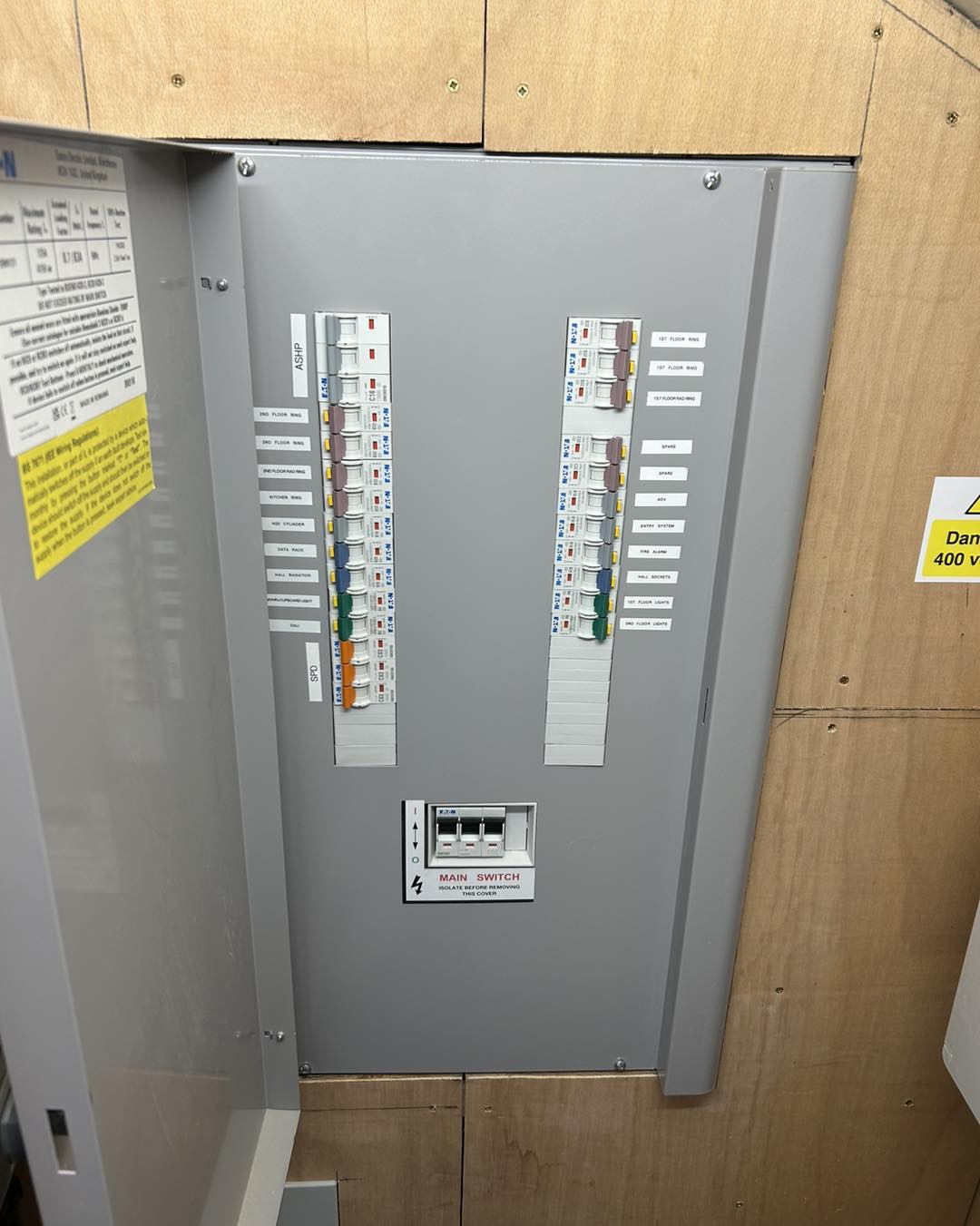 Three-phase Eaton distribution board close-up