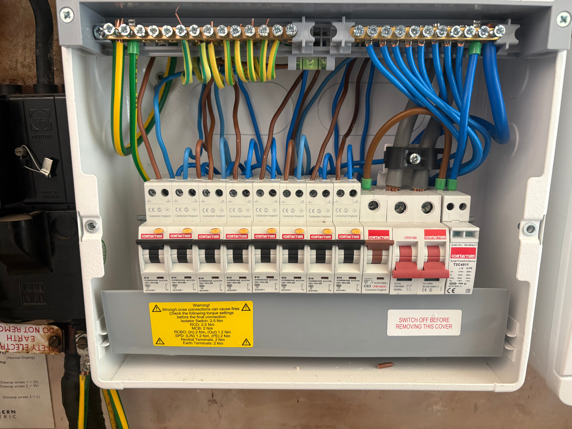 Contactum RCBO consumer unit with neatly wired circuits